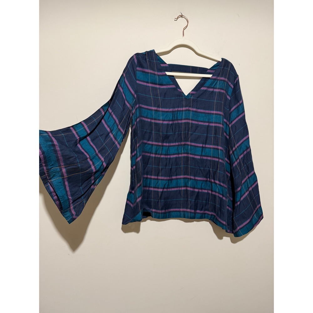 Loft Womens Plaid V-Neck Bell Sleeve Blouse Navy Teal Purple Size M